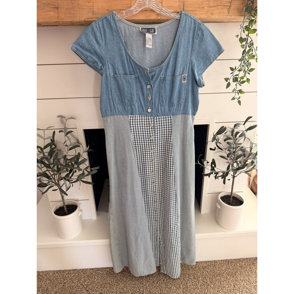 Vintage True Blue Dress Womens 13/14 Blue Chambray Gingham Snap Button Up Cotton